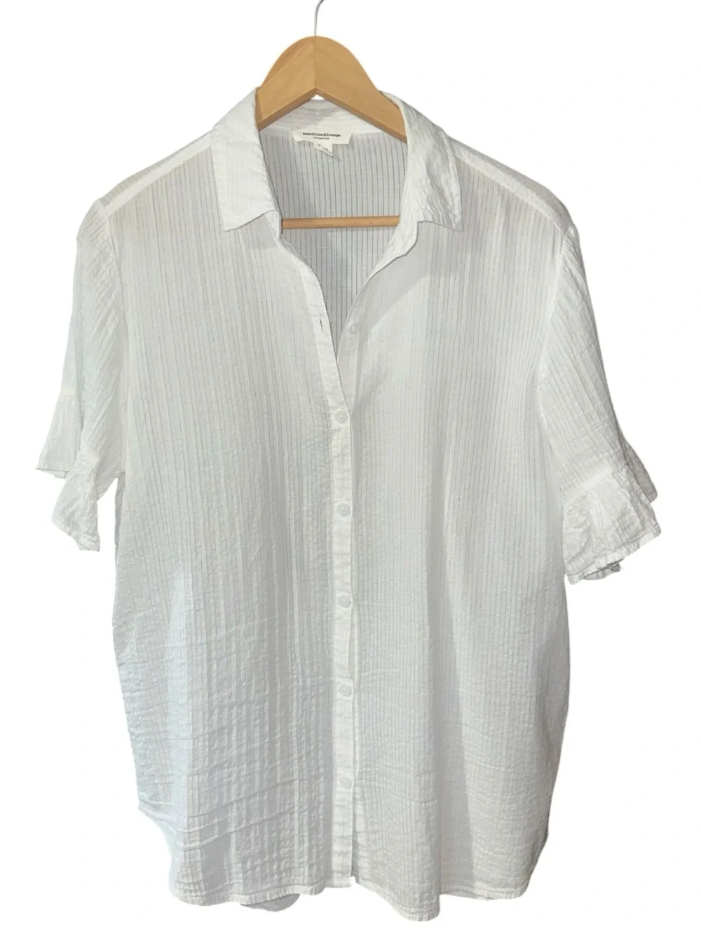 Beachlunchlounge White Button Down Semi Sheer Gauzy Cotton Ruffle Sleeve Hem - Picture 3 of 8